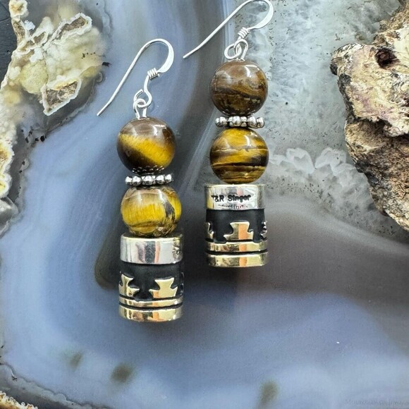 Tommy &Rosita Singer Sterling Silver Tigers Eye Bead Dangle Earrings For Women - Picture 6 of 10